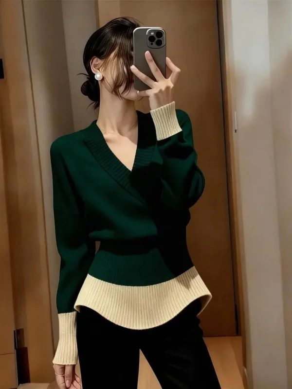 

Ретро-свитер с V-образным вырезом и длинными рукавами, вязаный, женский, зимний, новый, с эффектом утяжки талии, облегающий топ