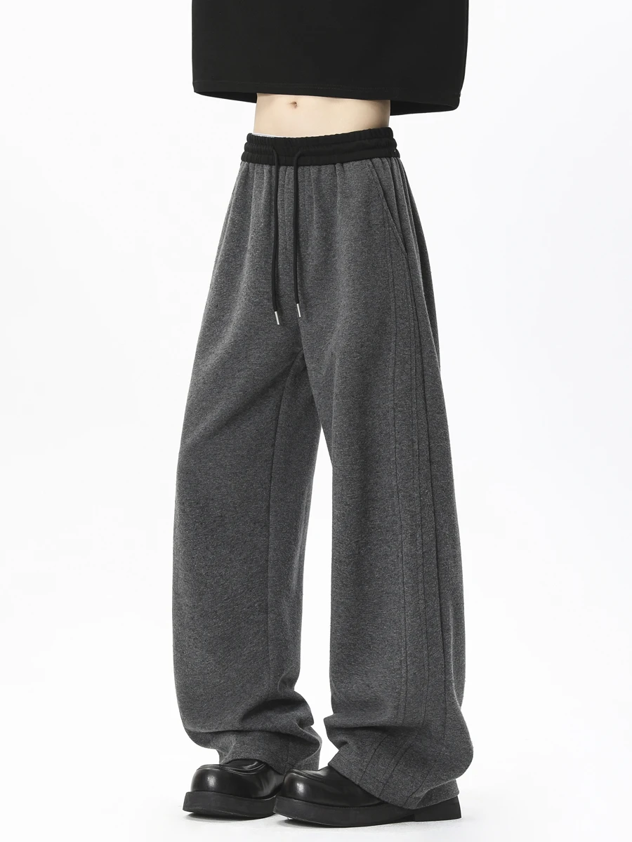 

American Sle Thiened Patchwork Men's Winter Fce Lined Casual Straight Leg Pants Loose Wide Leg Trousers for Daily Wear