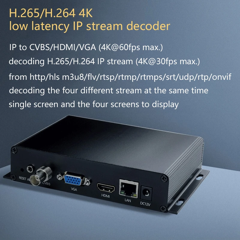 H.265/H.264 4K HTTP HLS RTSP RTMP UDP SRT ONVIF stream decoder, HDMI VGA CVBS Audio Output