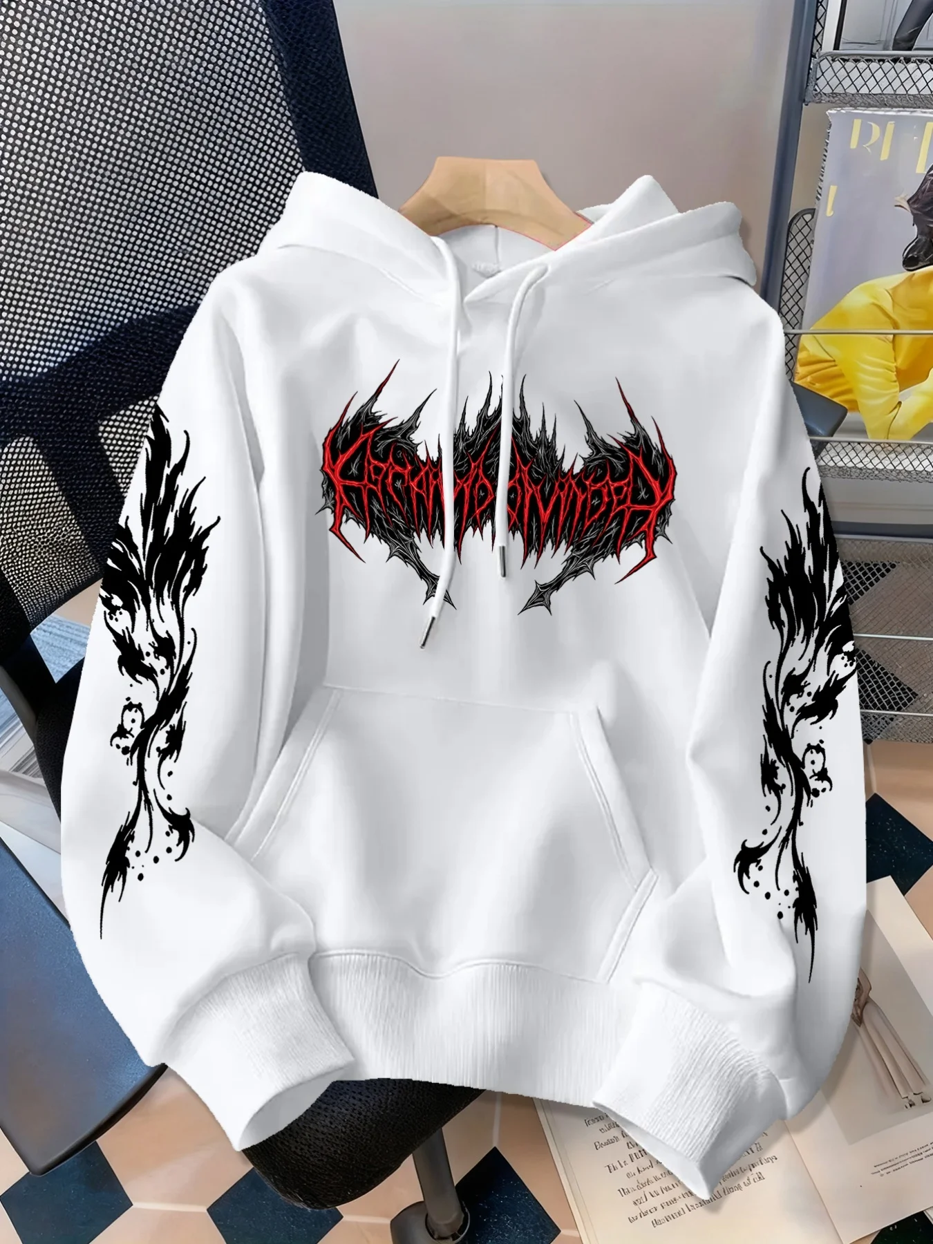 New style autumn-winter trendy hoodie with extended sleeves and arm prints, dark gothic Y2 punk style high-end hooded sweater