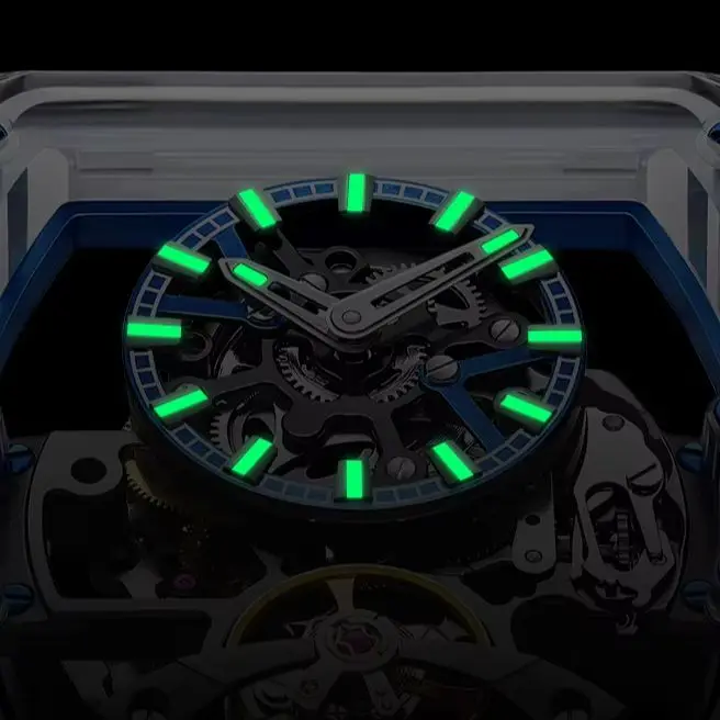 BONEST GATTI ساعة أوتوماتيكية للرجال 45 مللي متر Tonneau ساعة اليد الميكانيكية علبة أكريليك الياقوت مضيئة الهيكل العظمي الهاتفي فلوروروبر