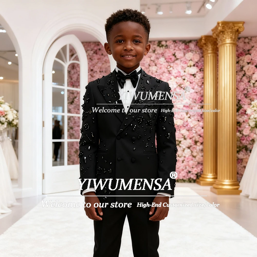 

Exquisite Suits For Boy Rhinestone Beaded Prom Blazers Customized 2 Pieces Double Breasted Kids Formal Party Wedding Tuxedos