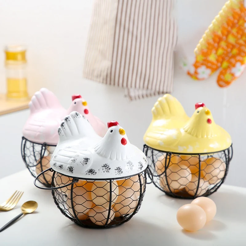 Egg Holder Iron Chicken Shape Ceramic Hen Ornament Fruit Storage Basket Durable Kitchen Organizer