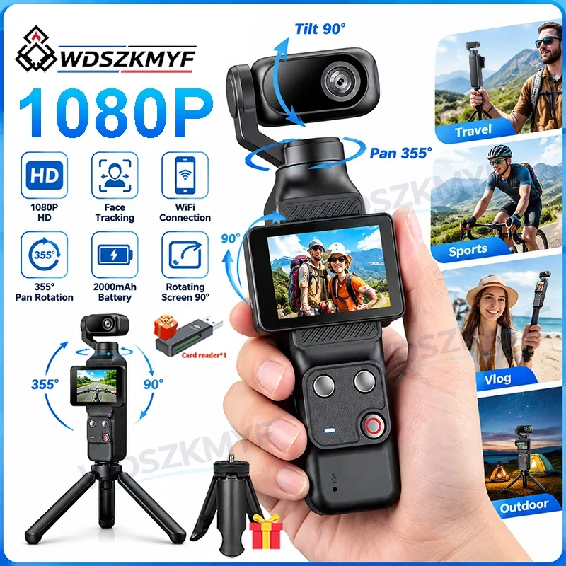 Handheld Pocket Gimbal Camera 1080P 2 inch Touch Screen 355° Face Tracking Stabilizer WiFi Action Cam for Cycling Vlog Recording
