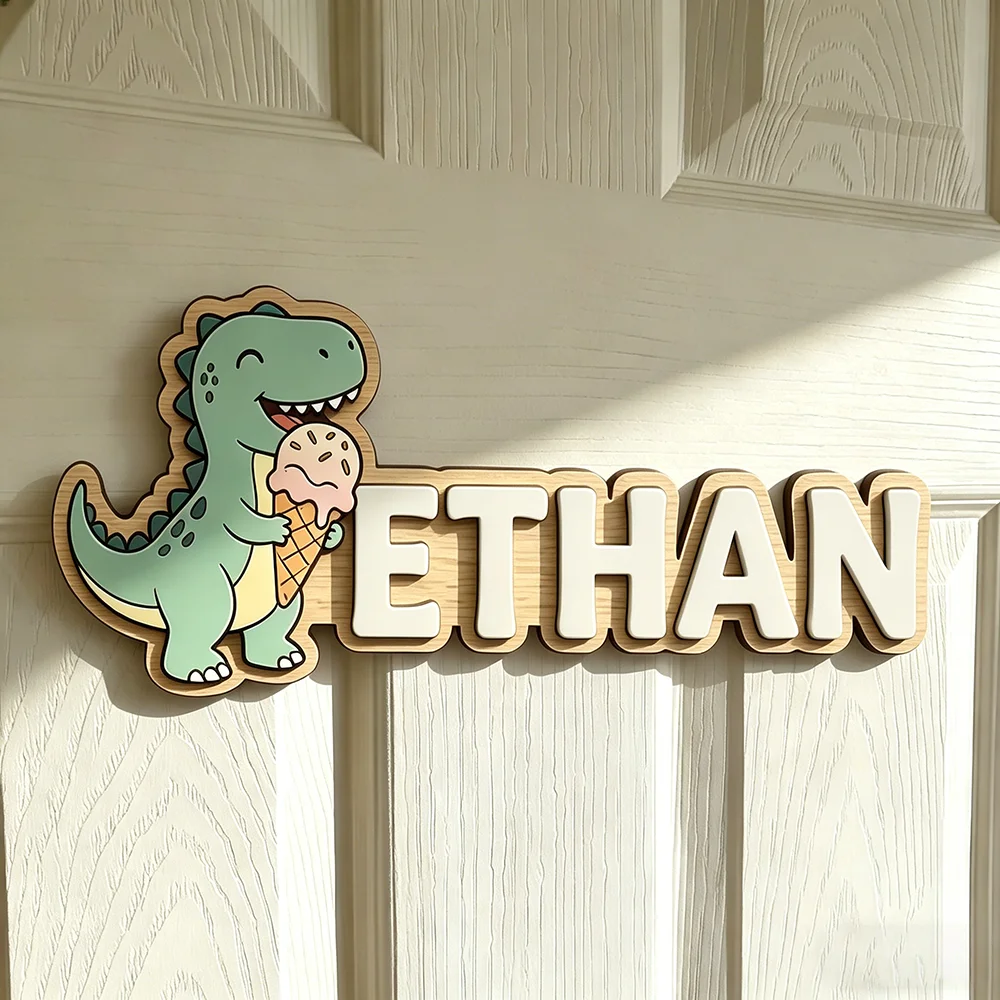 Whimsical Ice Cream Dinosaur Custom Name Plaque for The Dearest Baby, Unisex Nursery Wall Decor