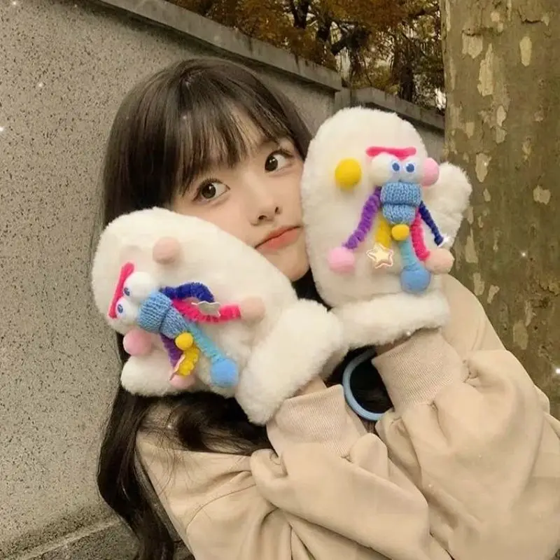 عيد الميلاد Kawaii قفازات الكرتون الشتاء قفازات نسائية يندبروف سميكة الدافئة وشاح أفخم شنق الرقبة قفازات كاملة الأصابع للمرأة #3