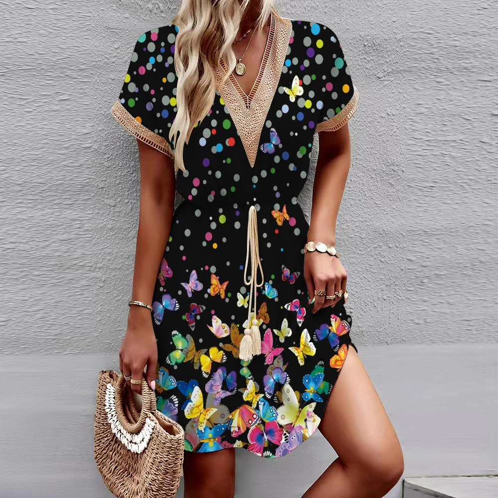 2024 New European and American Spring/Summer Printed Bat Sleeves Lace V-Neck Waist Wrap Short Sleeve Medium Length Dress