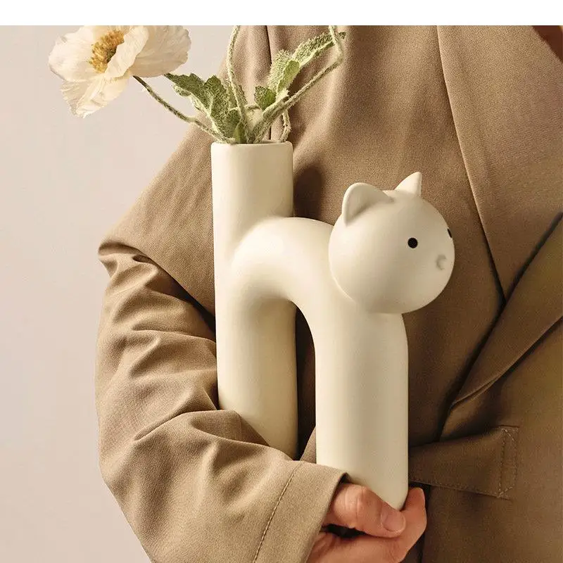 Lovely Kitten Ceramic Vase Cartoon N-shaped Vases Desk Decoration Crafts Flower Arrangement Flowers Pots Modern Home Decor