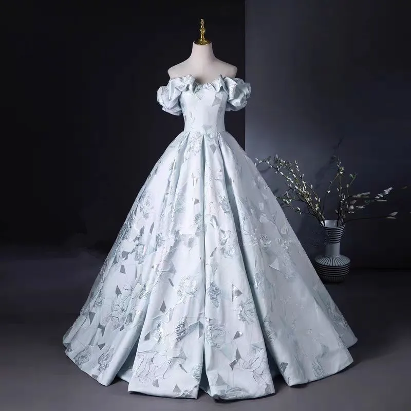 

Синее новое платье Quinceanera с цветочным принтом 2025, элегантное бальное платье принцессы с открытыми плечами и вышивкой
