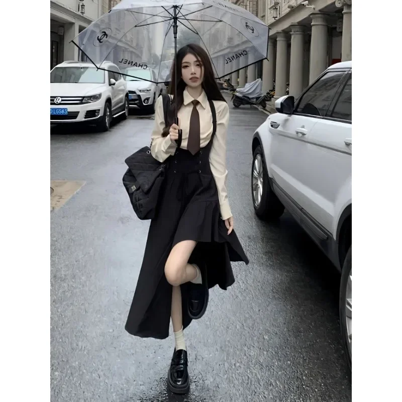 2023 Autumn Retro Beige Shirt Black Irregular Bandage Suspenders Skirt Chic Jk Uniform Suit Women Japanese School Sailor Uniform