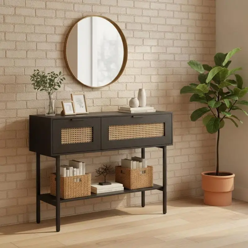 Table console en rotin avec portes rabattables et étagère de rangement ouverte - Noir
