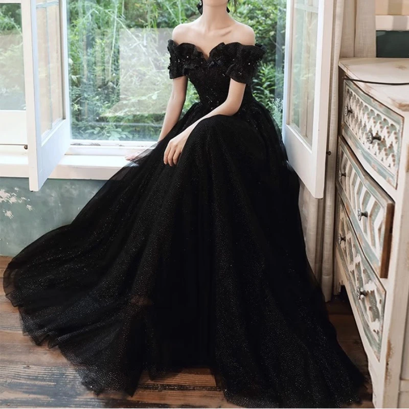 Customized French Temperament Slash Petal Neck Evening Dress Exquisite Lace Appliques Slim Waist Vestidos Sequin Tiered Ceremoni