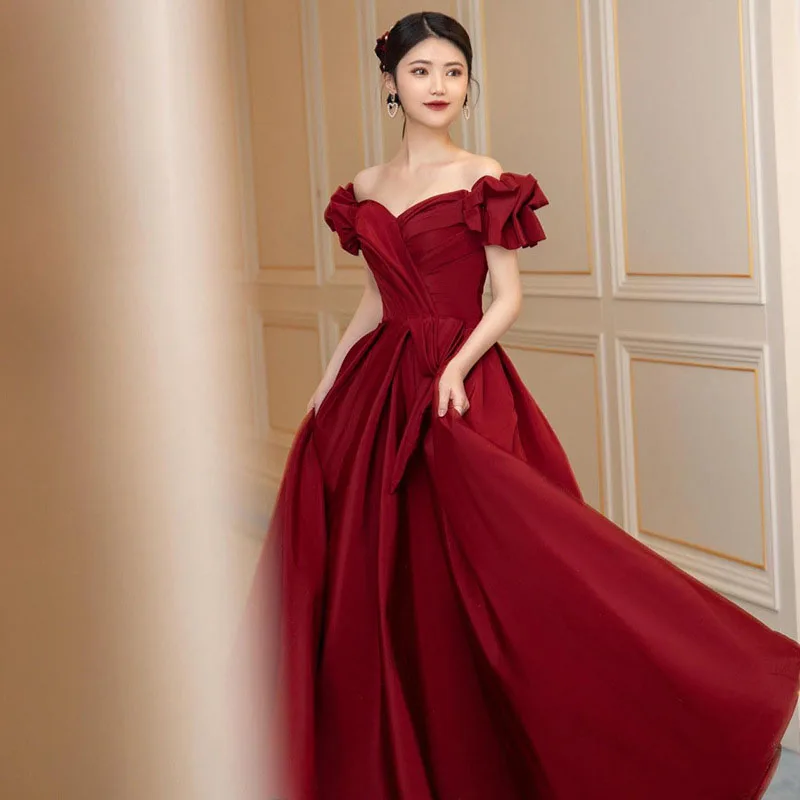 DongCMY Luxury Evening Dresses 2025 New Summer One-shoulder Princess Dress Elegant Burgundy Wedding Party Dresses For Women