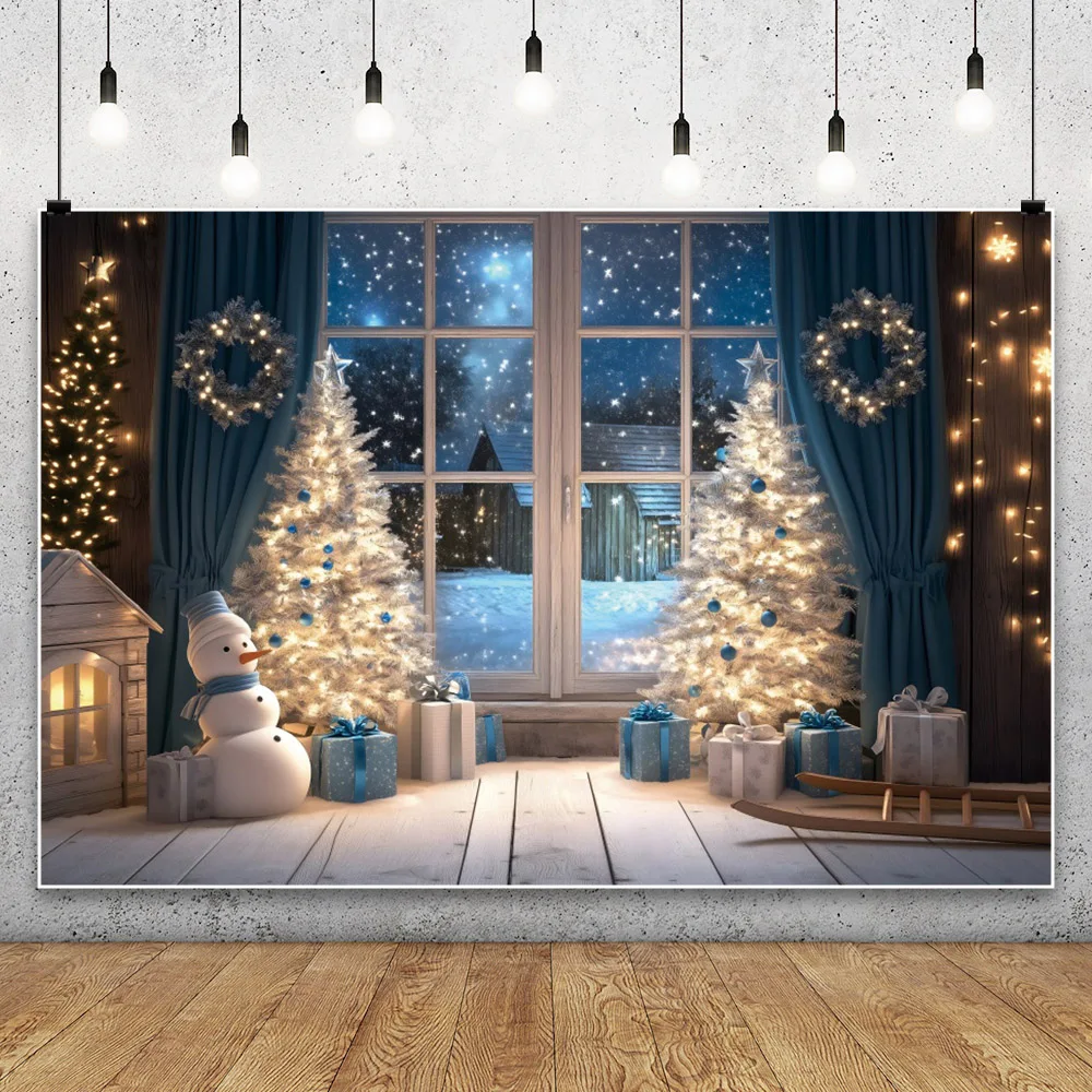 Christmas Window Backdrop Photography Blue Curtain Snowmen Baby Family Party Portrait Photographic Background For Photo Studio