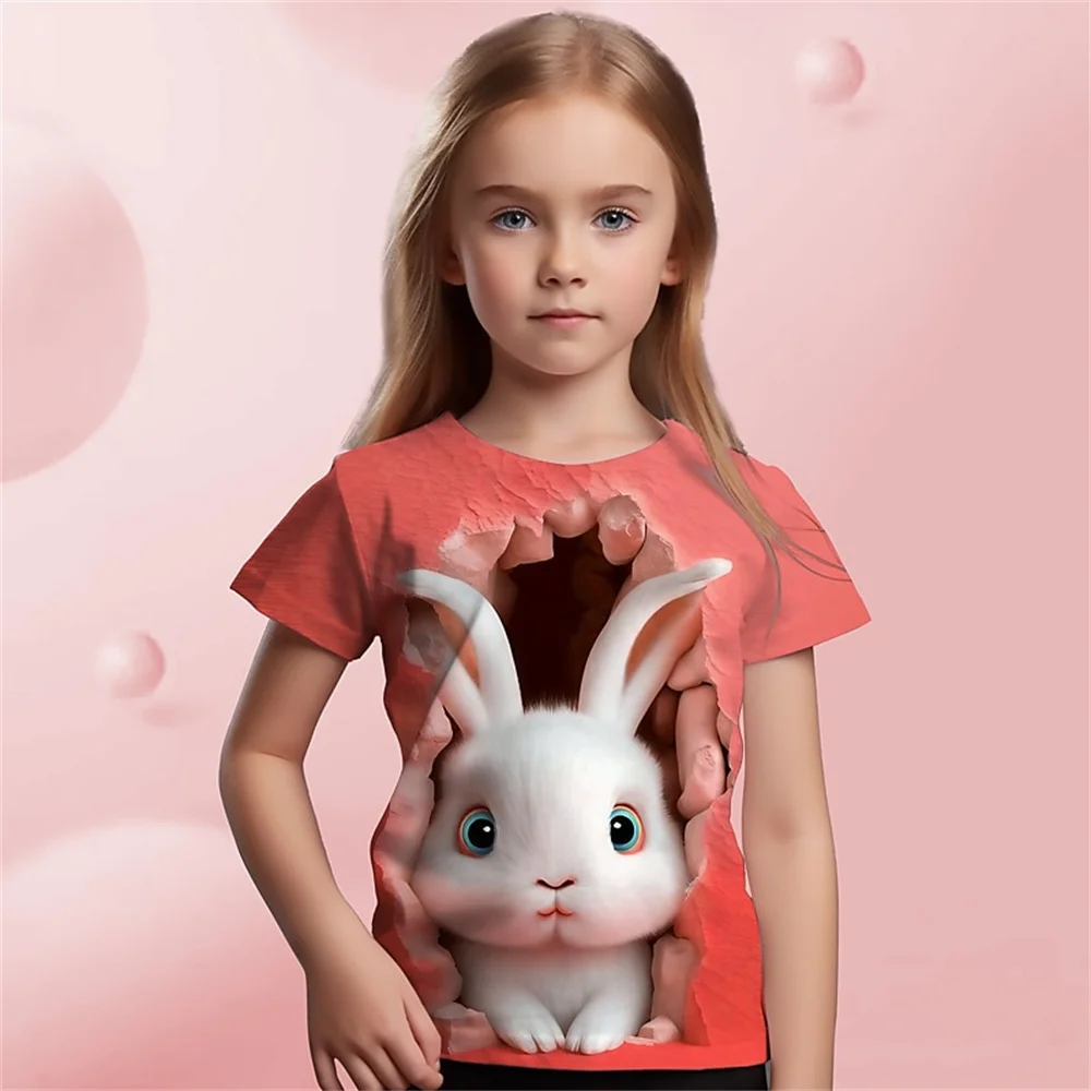 2025 camiseta con estampado 3d de conejo Animal para niñas, camisetas bonitas para niñas, camiseta de regalo para niños, camiseta informal de manga corta, ropa para niños