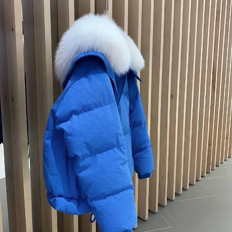 Jaket Katun Kerah Biru Dongker Imitasi Bulu Rubah Klein Blue Wanita Musim Dingin 2025 Desain Tebal Baru Mantel Pendek Wanita Hangat Pike