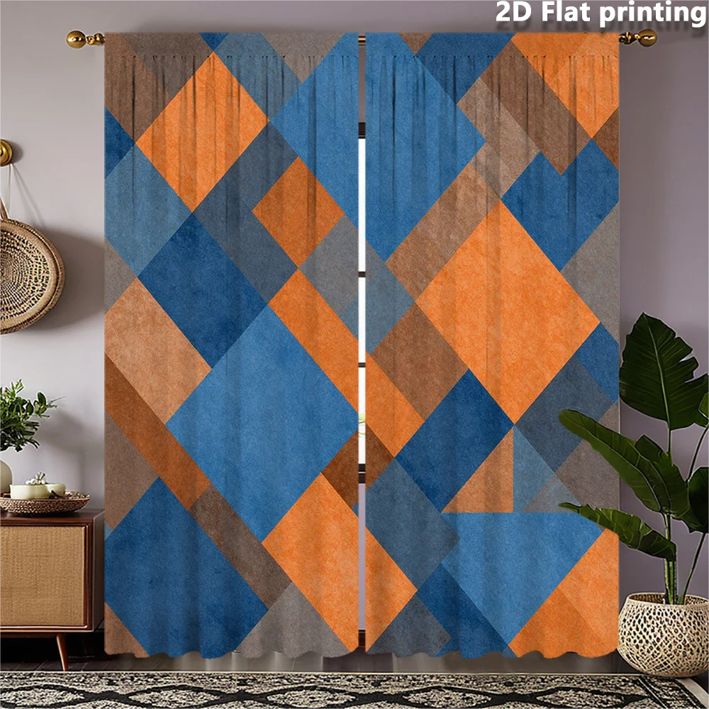 Modern Geometric Abstract Curtains for Living Room Navy Blue Orange Diamond Pattern Window Dressing Curtains Curtain Panels Indo