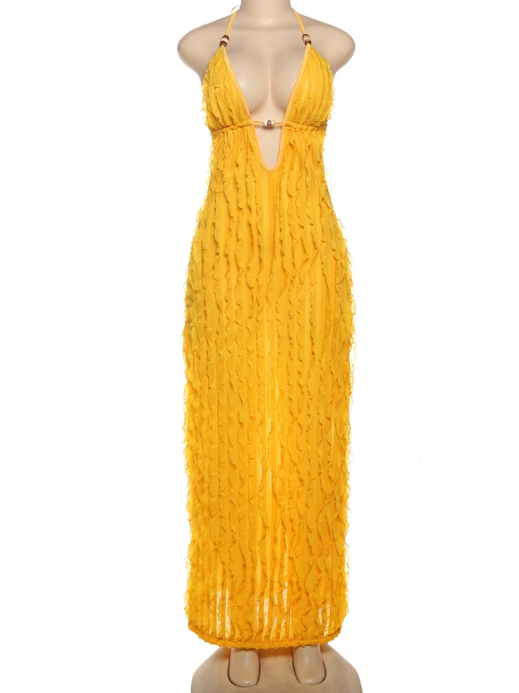 Whatiwear koraliki dekoracyjna sukienka damska sznurowana Halter głęboki dekolt bez pleców wakacje trend uliczny solidna marszczona elegancka długa obcisła