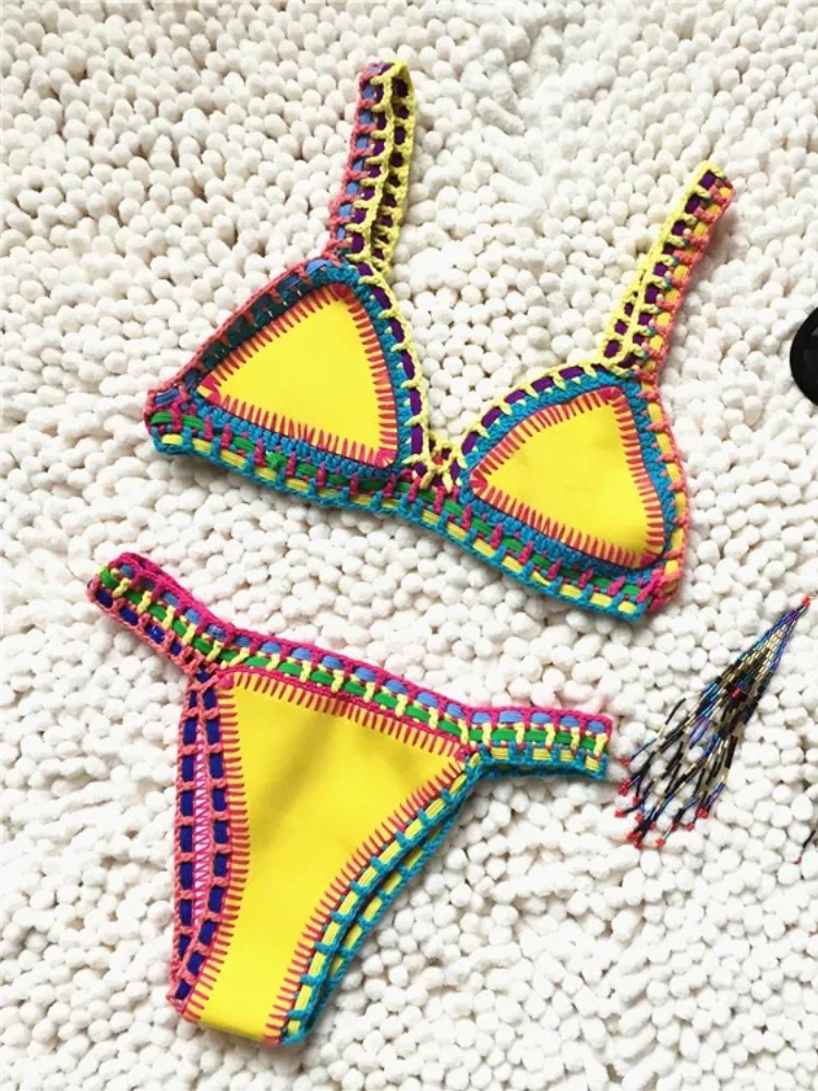 Микро бикини, новинка 2025, женский вязаный крючком купальник ручной работы, лоскутный купальный костюм с лямкой на шее, купальник, бикини, стринги, пляжный комплект бикини