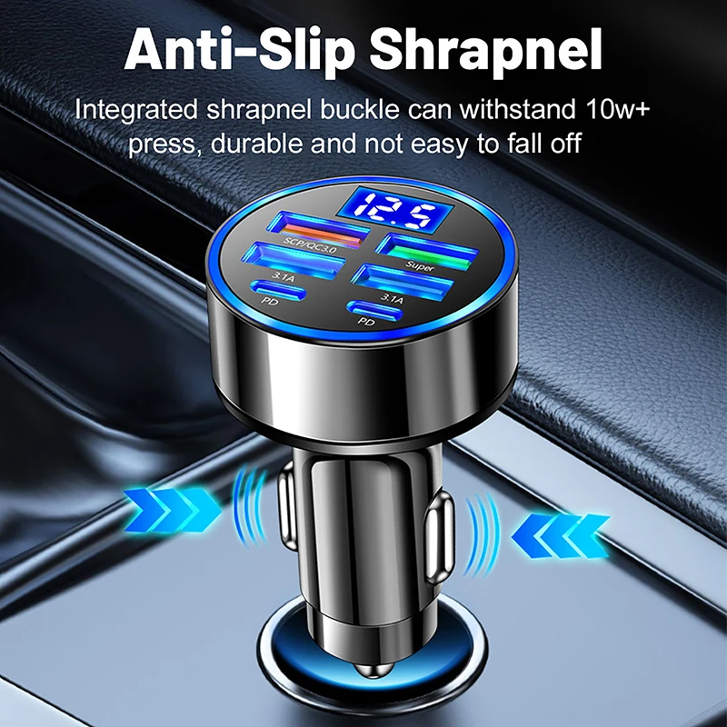 SU 100W 6-Ports USB Type-C Car Charger With Voltage Display PD Fast Charging Power Adapter For Iphone Android Smart Phone Tablet