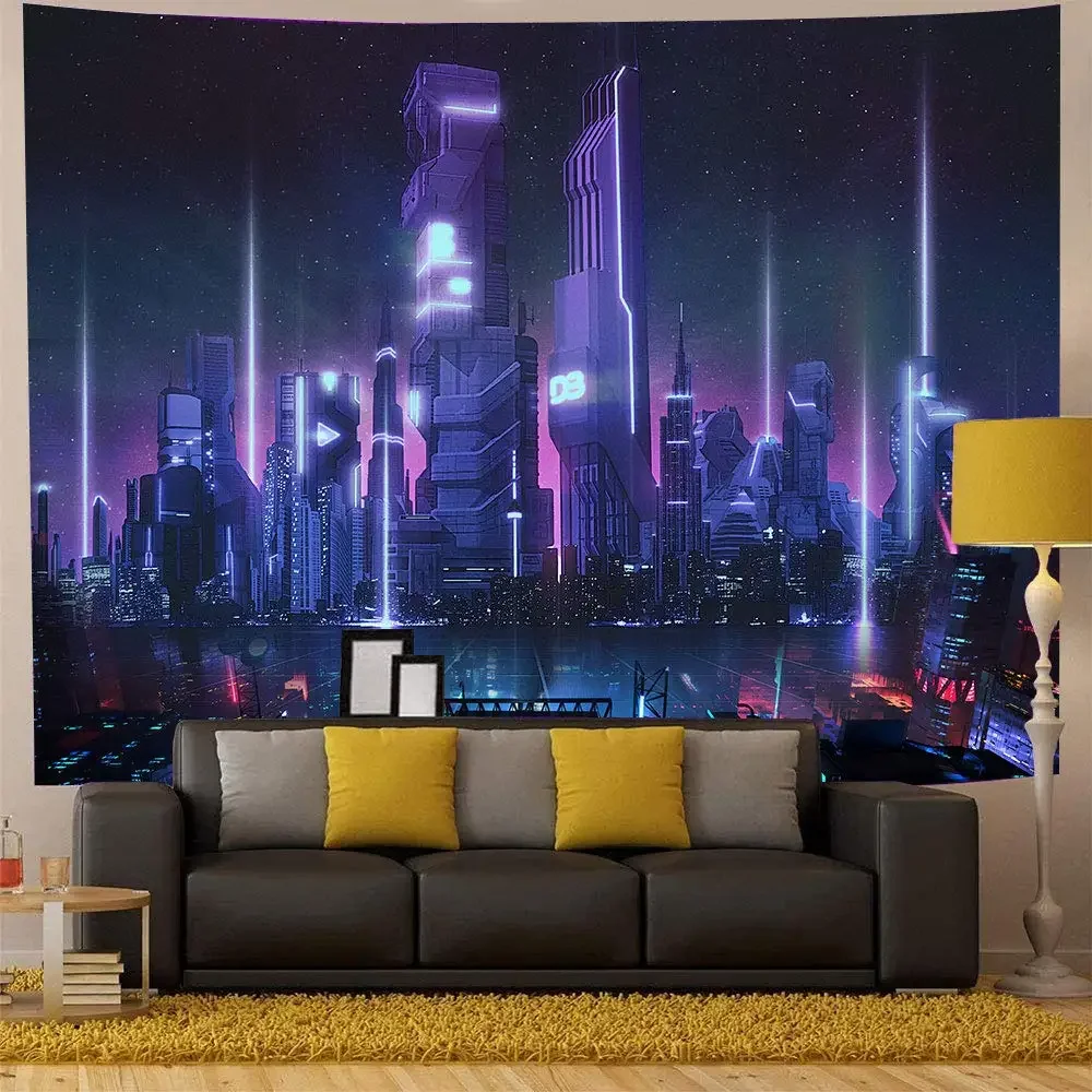 Fantasy Punk Neon Streetscape Futuristic Tapestry Wall Hanging Cityscape Tapestries Blanket Art Bedroom Home Living Room Dorm