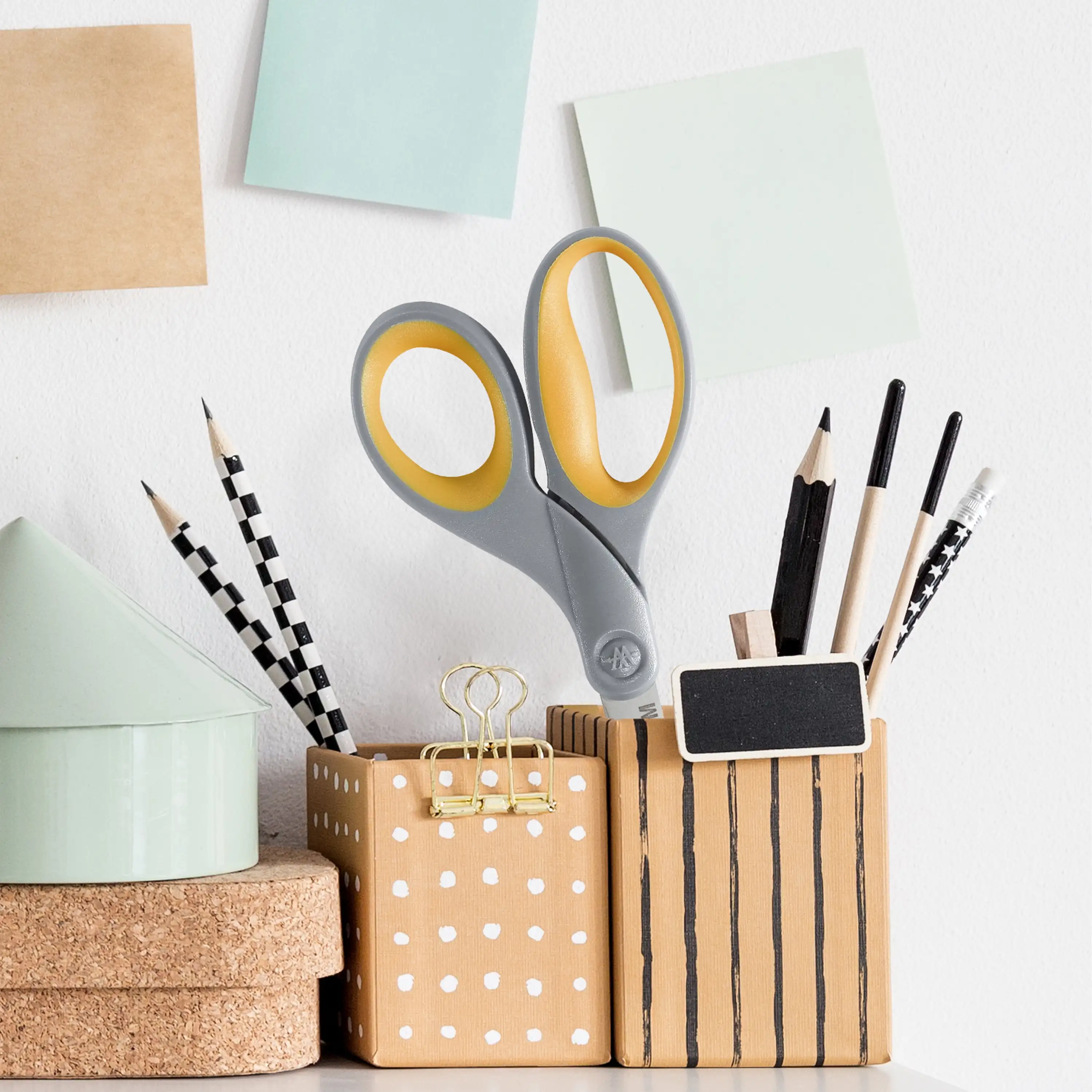 مقص مستقيم، تيتانيوم مربوط، 8 بوصة، رمادي/أصفر، للمكتب/المدرسة، 6 عبوات