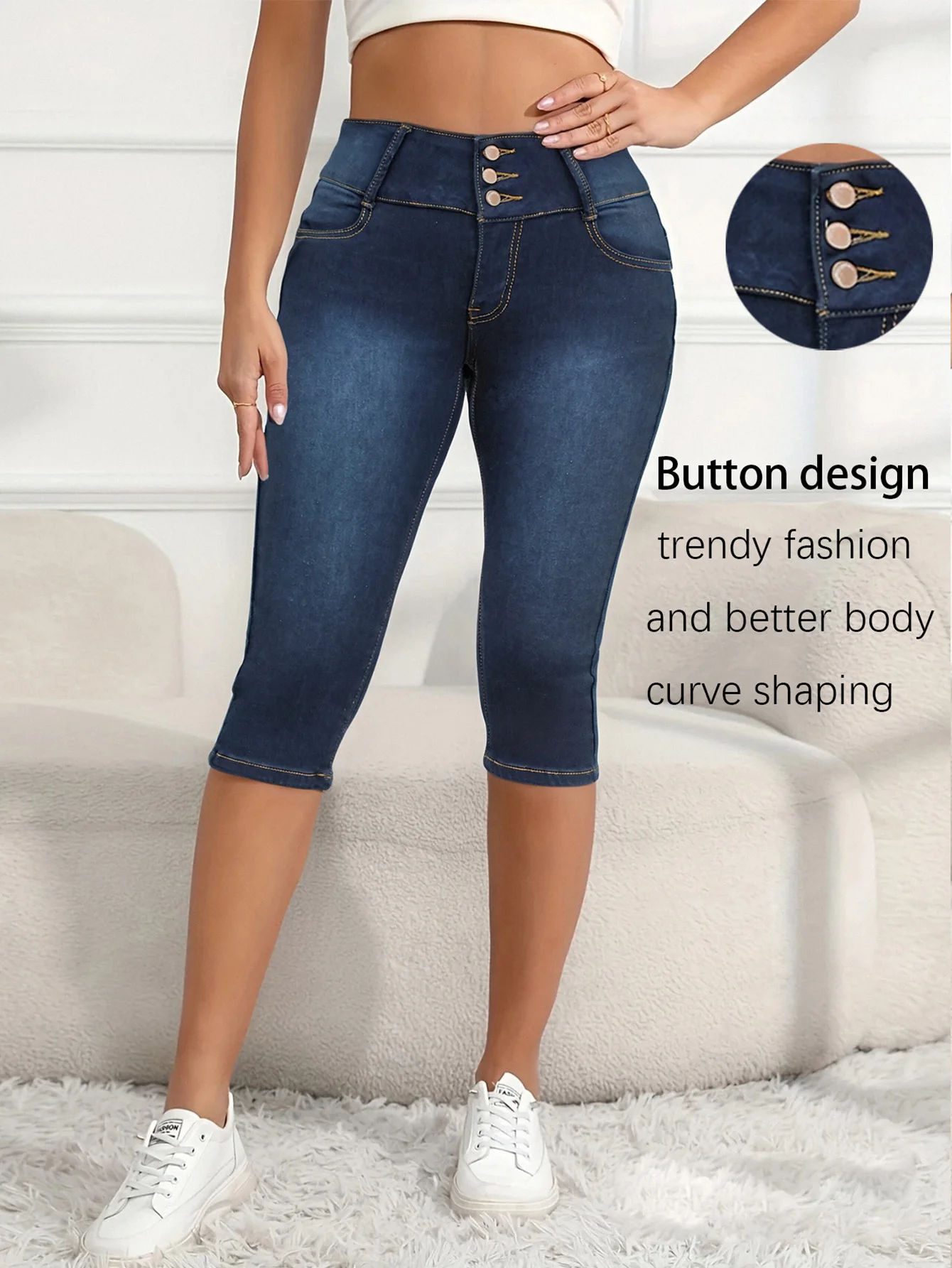 Jeans capri femininos de cintura alta com fecho triplo de botão