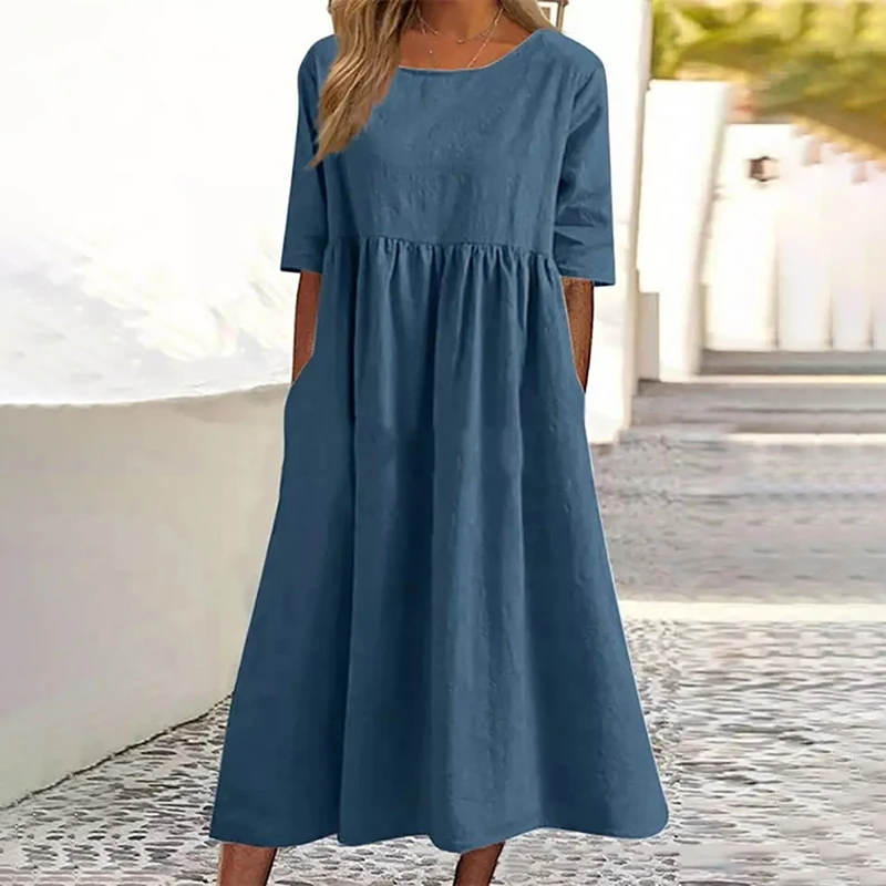 

Summer Women's Dress Round Neck Half Sleeve Solid Cotton Linen Elegant Dress 2023 New Casual Loose Unique Vintage Long Dress