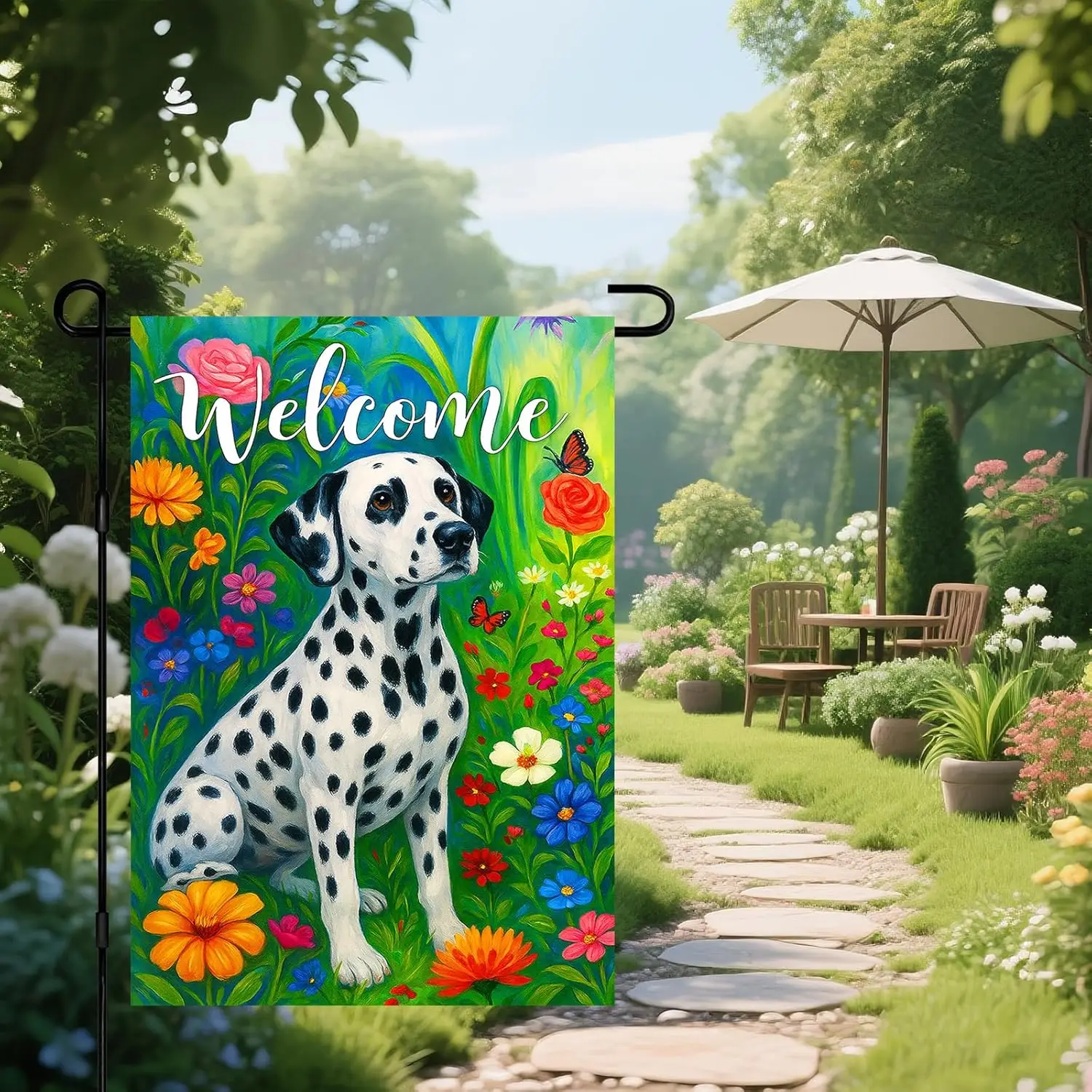 IVN Spring Garden Flag 12x18 Inch Double Sided Welcome Dalmatian Dog Flags Flower Outdoor Yard Flag for Outside Seasonal Far PPM