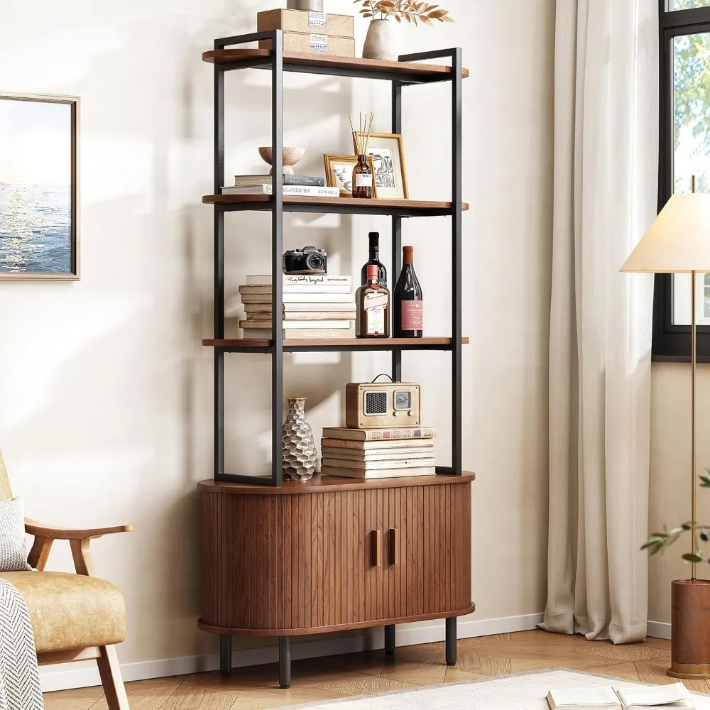 

71" tall bookshelf, 4-tier with storage cabinet. Modern style, sliding door, adjustable footpad. Freestanding organizer