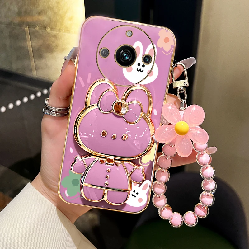 For Realme11 Flower Strap Rabbit Makeup Mirror Phone Holder Case On For Oppo Realme 11 Pro Plus + Narzo 60 Pro Girl Woman Cover