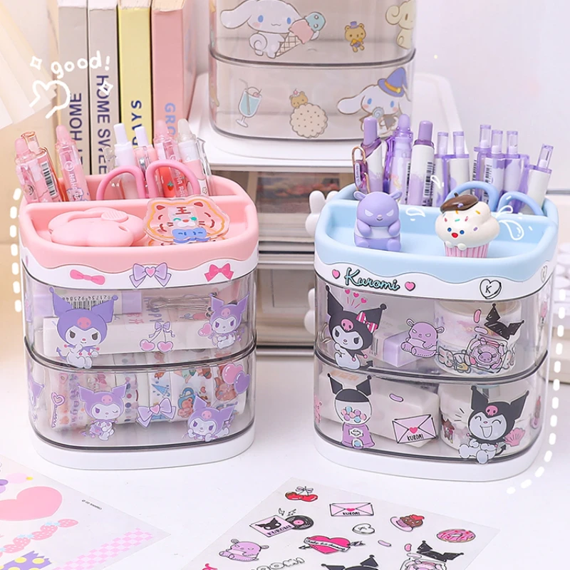 Miniso Sanrio Pen Holder Stand Storage Box Organizer Kuromi Cinnamoroll Melody Sticker Decor Stationary Cute Sanrio School Gift