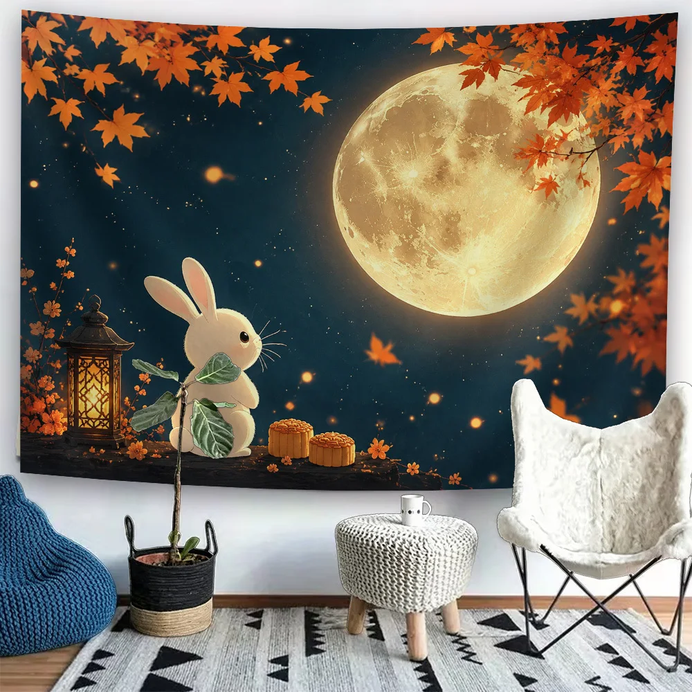 Mid Autumn Festival Tapestry Wall Hanging, Jade Rabbit Full Moon Maple Mooncake Lantern Starry Print for Meditation Room Party