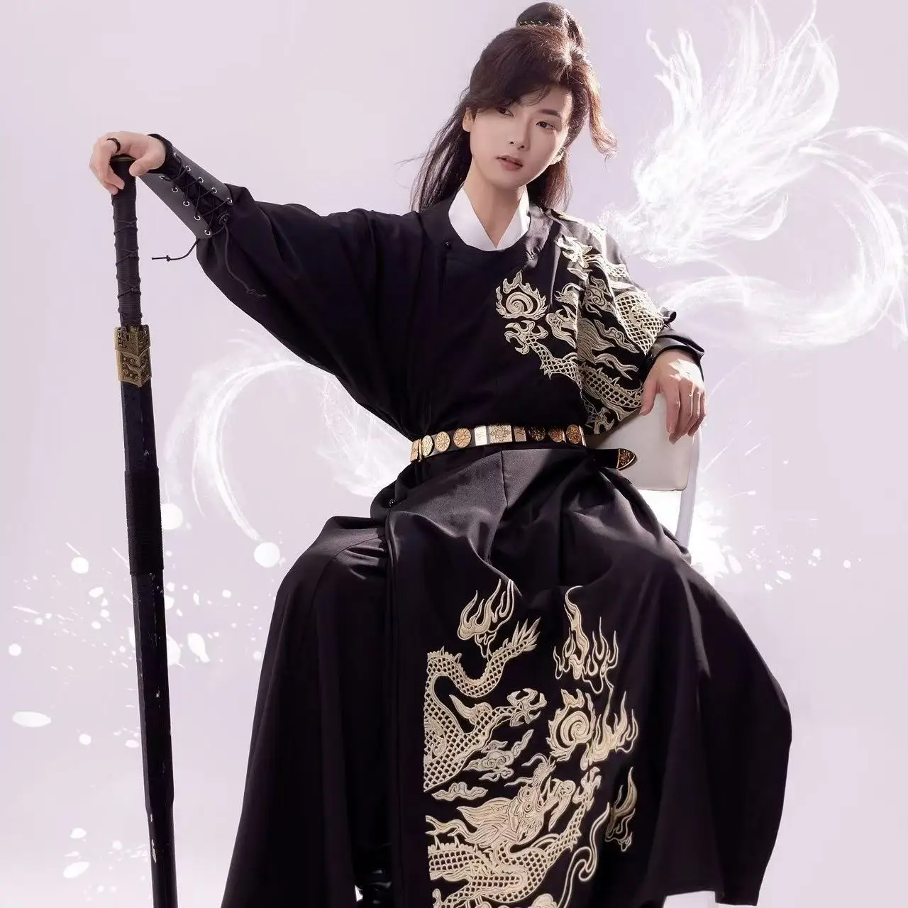 Ancient Sewed Dragon Embroideries Hanfu Men's Traditional Tang Dynasty Round Neck Robe Halloween Event Prince Cosplay Stage Suit