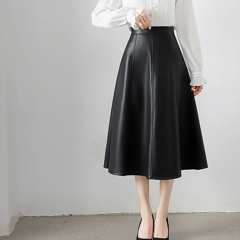 Jupes trapèze classiques en Faux cuir PU pour femmes, café noir, nouvelle collection printemps-automne 2026, taille haute, couleur unie, Chic, parapluie, jupes de bureau