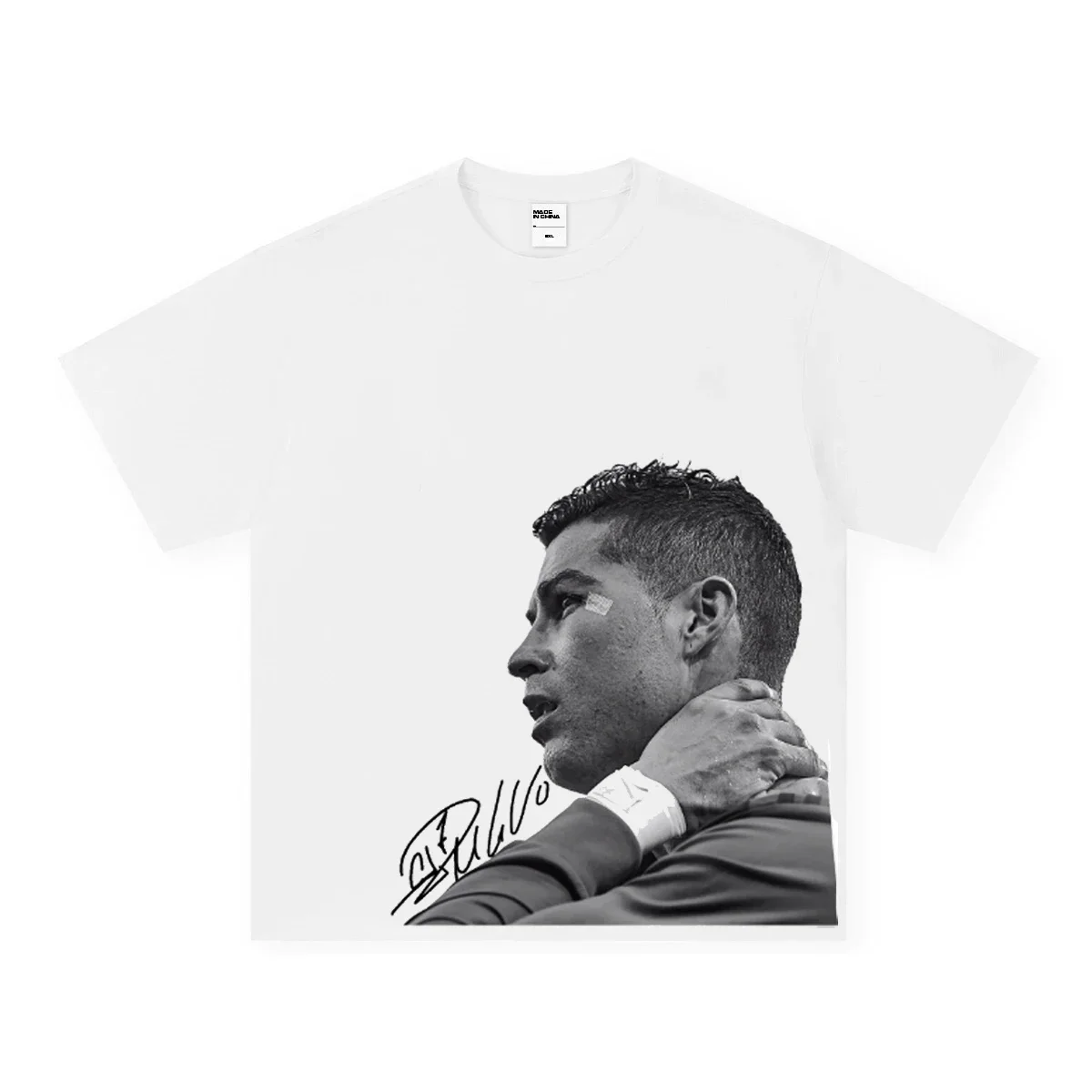 Front Soccer Athlete Side Portrait Handwritten Signature Print Unisex Drop Shoulder Loose Cotton Street Top For Adults Children