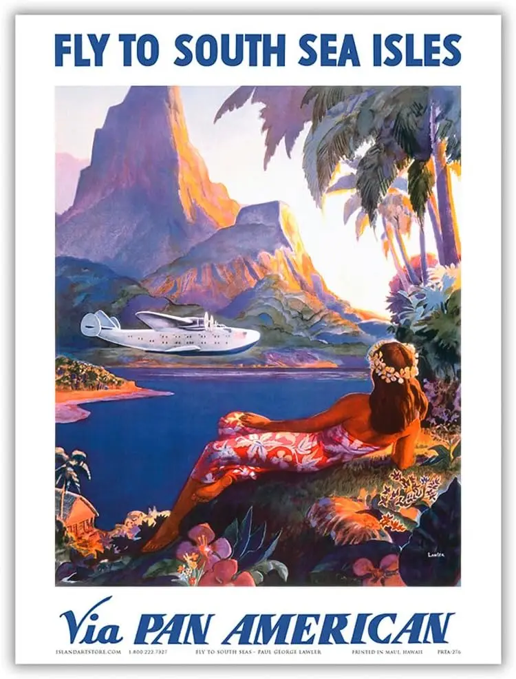 Fly to South Seas Isles via Pan American Airways (PAA) Hawaii - Vintage Airline Travel Poster by Paul George Lawler c.1940s sign