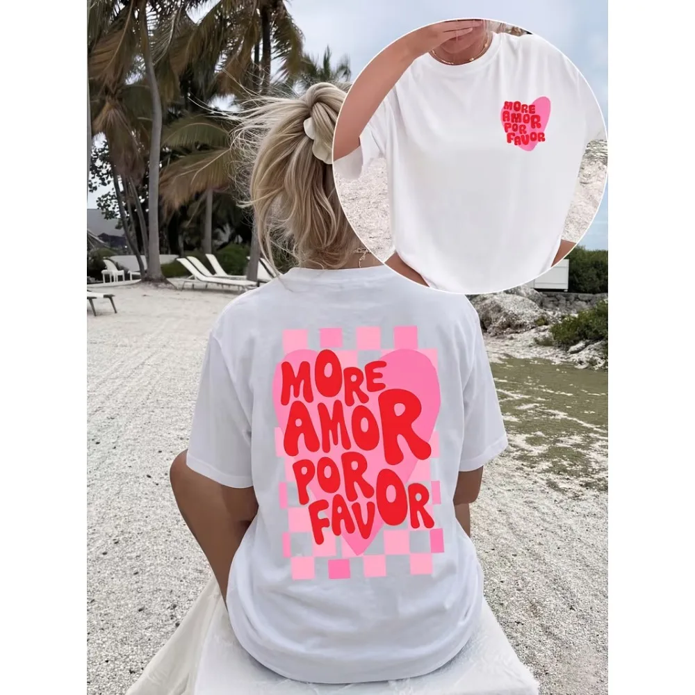 Women's T-shirt More Amor Por Favor Heart Checkerboard Print Casual Loose T Shirt Streetwear Daily Wear Durable Casual T Shirt