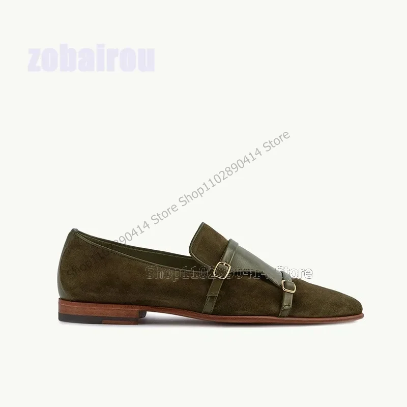 Mocassins Double Monk Patchwork para homens, decoração de fivela, sapatos casuais, banquete de festa artesanal de luxo, moda verde Slip On