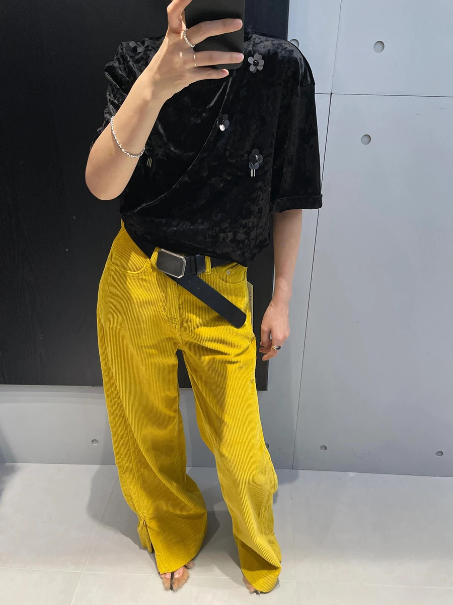 PBAP Zip-up Slit Solid Wide Leg Corduroy Pants Women Fall Winter Fleece Lined High Rise Straight Trousers Casual Vintage Clothes