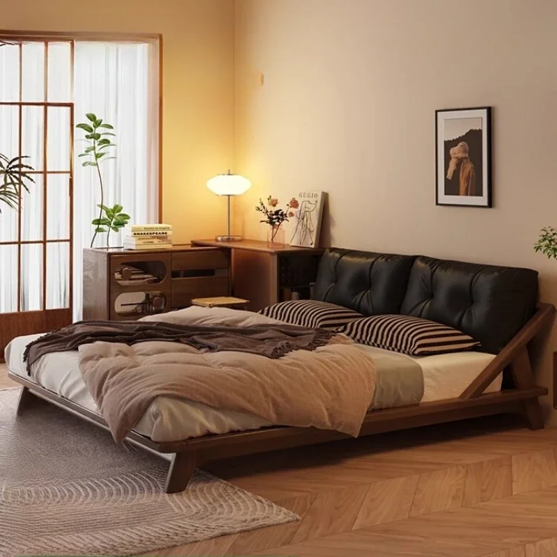 

2025 new small bed leather Nordic walnut Tatami Modern Luxury Bedroom Beds Headboards King Adults Camas Bedroom Furniture