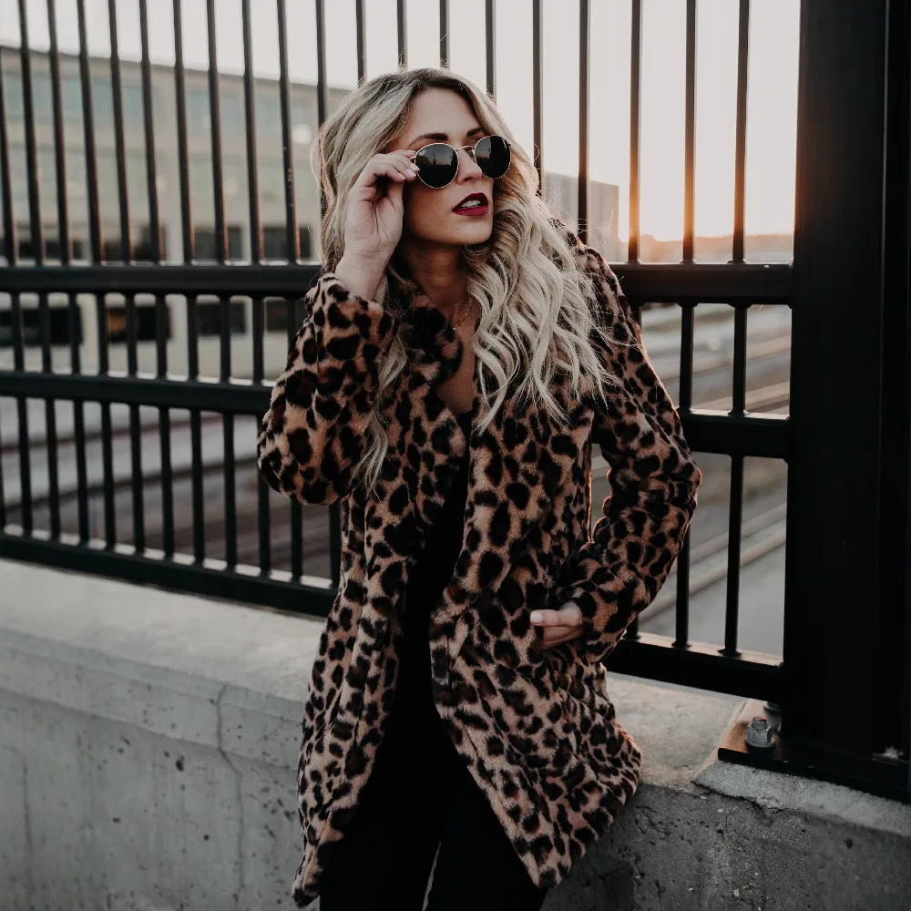 

Women's Leopard Print Faux Fur Coat Mid-Length Lapel Collar Ins Style Fashion Trench Coat Long Sleeve Outerwear​