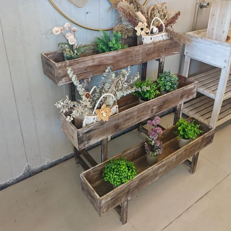 Carbonized Fir Wooden Tiered Plant Stand Outdoor Garden Planter Box Multi Layer Flower Shelf  Balcony Courtyard Strawberry Pot