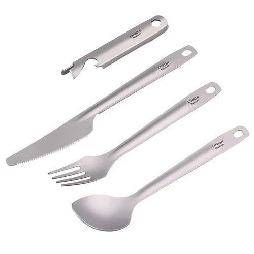 Imagen 2 del producto Lixada-Juego de cubiertos de titanio 4 en 1, cuchara de cena ligera, cortador de tenedor con abrebotellas para acampar, senderismo, Picnic