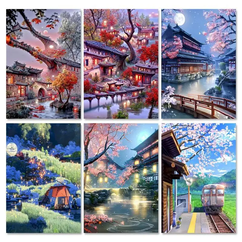 

RUOPOTY Modern Diy Painting By Numbers Peach Blossom Courtyard Landscape Handpainted Picture With Numbers For Home Decors