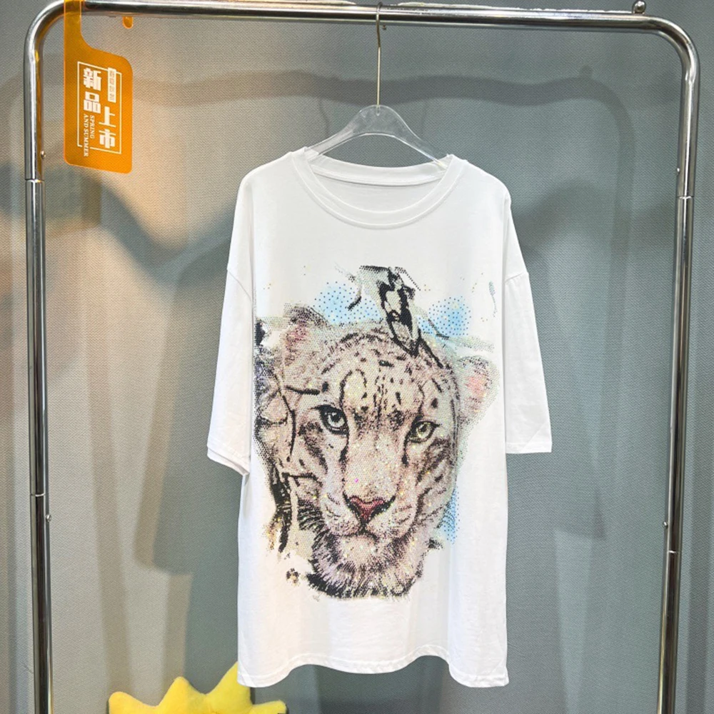 플러스 사이즈 티 동물 핫 다이아몬드 티셔츠 여성 반팔 라운드 넥 루즈 탑 트렌디