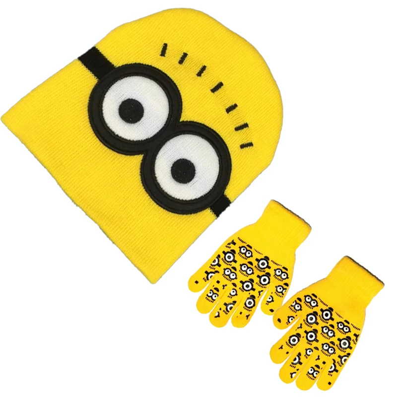 Anime Minions Cosplay Costume Yellow Kinitted Beanie Stretchy Gloves Kawaii Winter Cap Christmas Halloween Gifts for Boys Girls