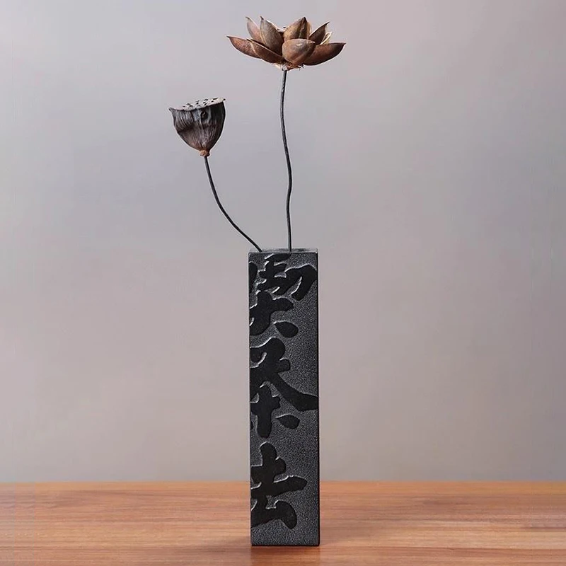 Stone Vase 30cm Black Basalt Hand-Carved Zen Chinese Calligraphy Minimalist Flower Vase for Tea Ceremony Home Office Decor Gift