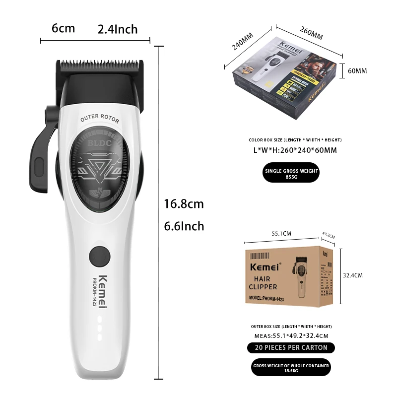 Kemei Pro KM-1423 Barber Hair Clipper 10000RPM Outer Motor DLC Blade 0.8-2mm 2500mAh 3 Color Professional Hair Trimmer