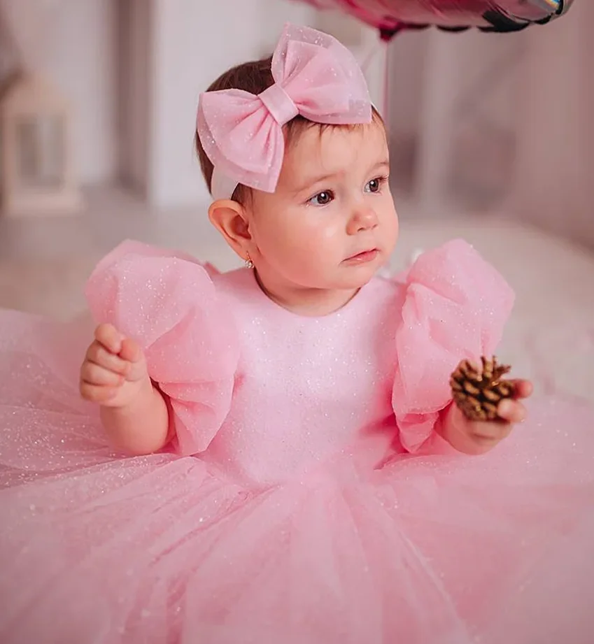 Puffy Pink Flower Girl Dresses for Wedding Kids Bow Christening Princess 1st Birthday Children Tutu Baby Girl Clothes Customized